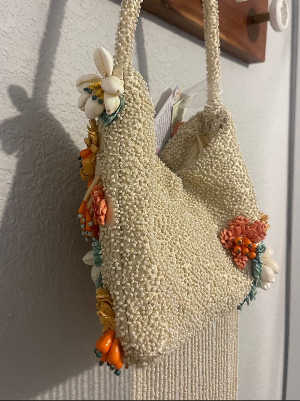 Viral Beaded Bag - Floral Fringe Satchel - Ivory with Orange & Teal Accents - Picture 10 of 12